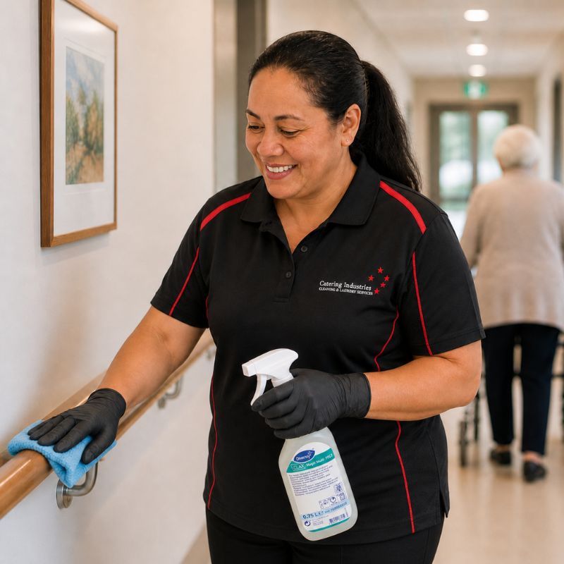 Catering Industries staff member providing aged care cleaning services in a residential facility hallway
