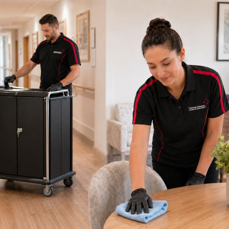 Catering Industries cleaner using spray and microfibre cloth for infection control in an aged care facility