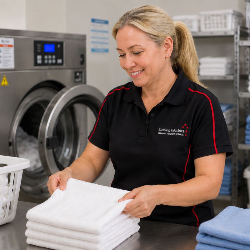 Catering Industries staff member folding clean linen as part of aged care laundry services