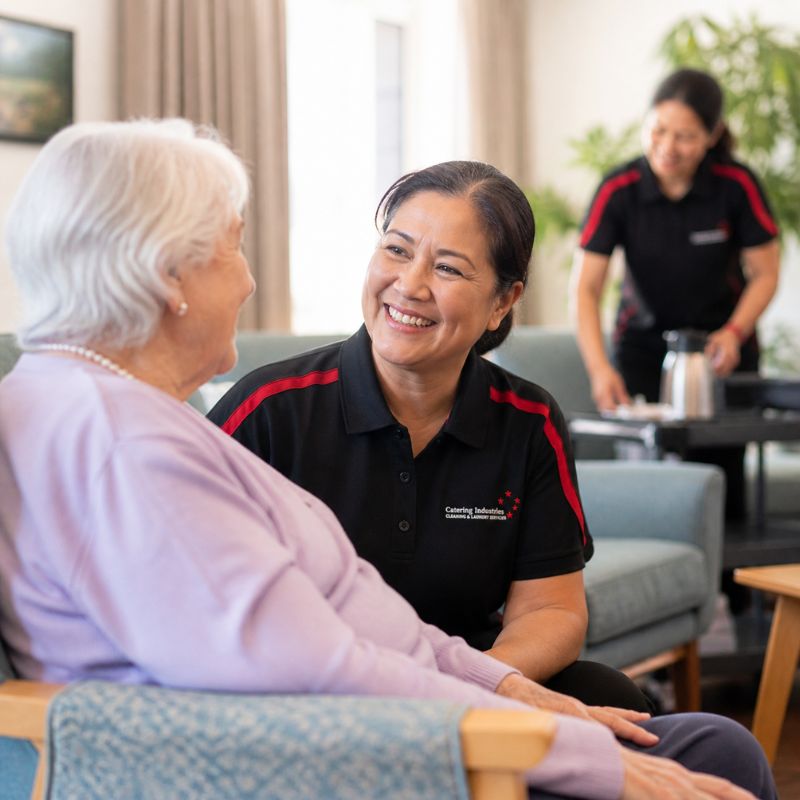 Catering Industries aged care staff member engaging with an elderly resident in a residential care common area