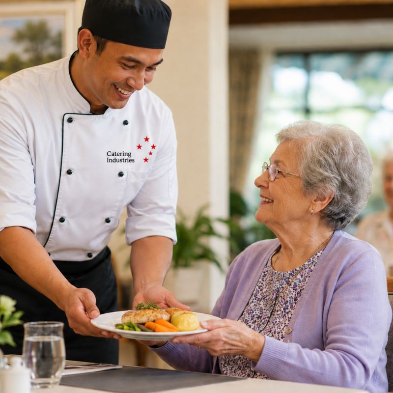 aged care chef serving food to a resident